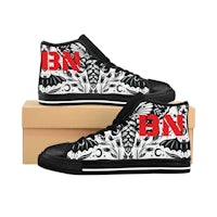 a pair of black and white shoes with the word bn on them