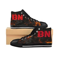 a pair of black high top sneakers with the word bn on them