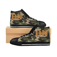 a pair of camouflage high top sneakers with the word bn on them